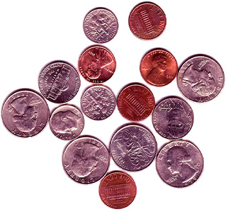 random coins on a white background