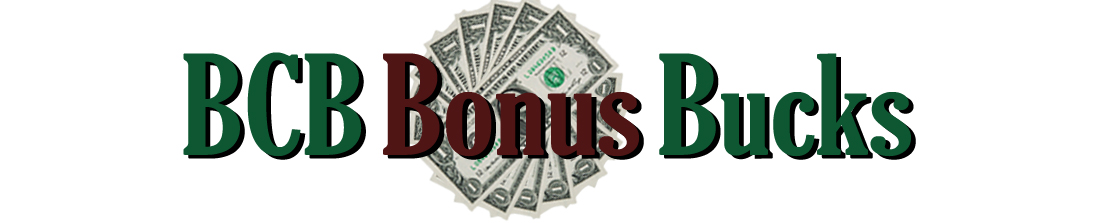 BCB Bonus Bucks logo with swirl of one dollar bills