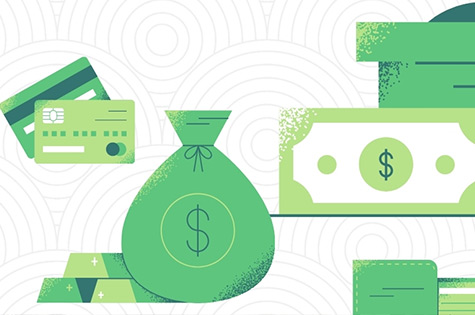 credit cards, money, and coins