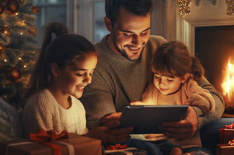 father and daughters watching a video on a tablet while sitting in front of the Christmas tree and fireplace